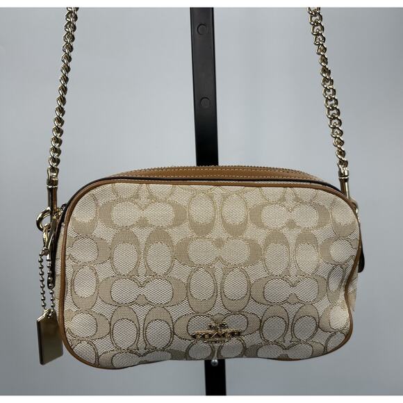 Coach Signature Canvas Camera Bag Crossbody Chain Strap Tan Leather - Picture 2 of 10